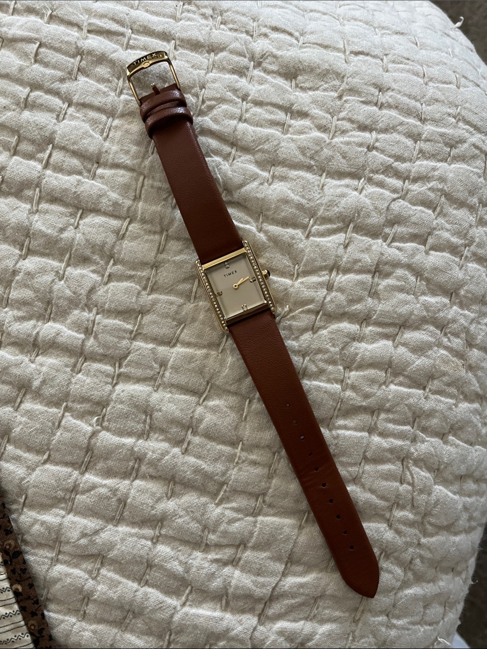 Women’s Timex Gold-Tone Rectangular Watch. Brown Leather Strap & Crystal Accents - Picture 2 of 3